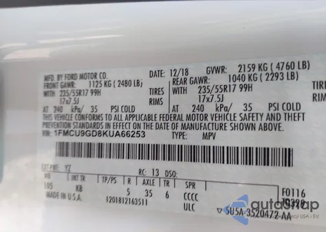 2019 Ford Escape Se from USA, damaged, VIN 1FMCU9GD8KUA66253